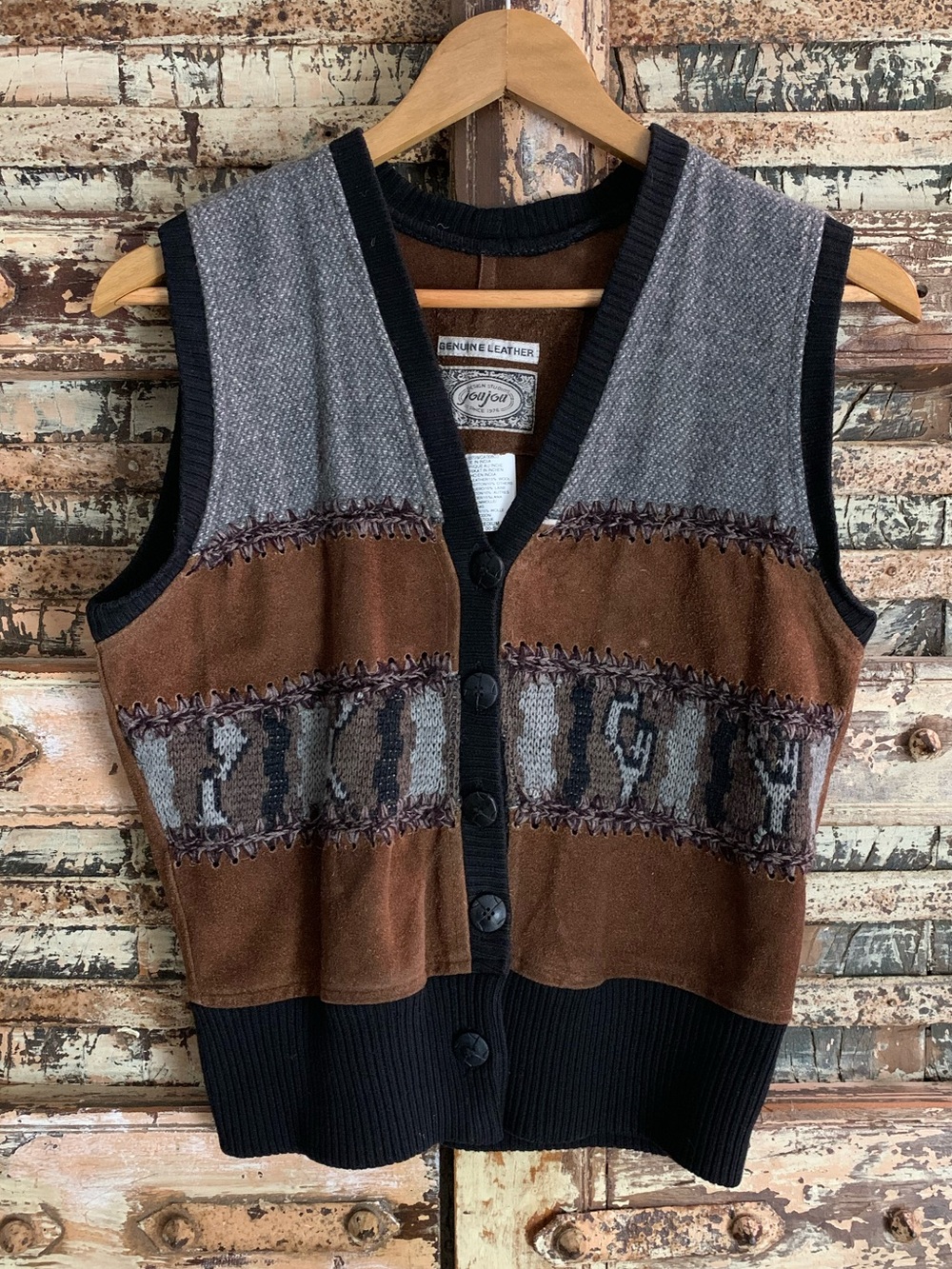 VTG Jou Jou Leather Hand Knit Patchwork Western Vest Boho Bikercore 90s Suede, M